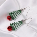 Christmas tree earrings with green glitter spiral design and red bell accents - 57. Glitter Bell Christmas Tree Earrings