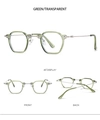 Three views of small frame polygon glasses with green transparent rims and silver metal temples - Green Frame White Lens