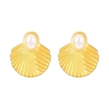 Elegant gold fan-shaped stainless steel earrings with white pearl inlay for women - Shell Earrings with White Faux Pearls Gold (MS-445)