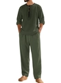 Army green cotton linen men's casual two-piece set with long sleeves and beach pants - S / Army Green