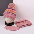 Pink striped winter plush set with thermal pompom hat, neck gaiter and headband - No.12-Pink Mixed Color Knit 3-Piece Set