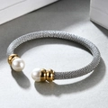 Silver stainless steel mesh rope open bangle with gold ends and white pearl accents - Two-tone (Gold & Silver)