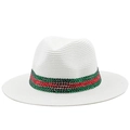 Weißer Panama-Strohhut mit glitzerndem rot-grünem Strassband für den Sommer - M (56-58cm) / Reinweiß / Rot-Grüne Strasssteine