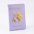 Detailed view of purple PU leather passport cover with gold foil globe and travel stamps - Purple