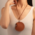 Maillard style brown round leather mini storage bag necklace with woven strap for women - 15# Coffee Round Leather Small Bag Sweater Chain