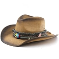 Cappello da cowboy in paglia sfumata marrone con perline turchesi, nappe e fascia boho - M (56-58cm) / Vernice spray kaki e caffè