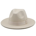 Detailed view of beige wool fedora hat with matching ribbon and structured flat brim - Beige