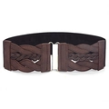 Close-up of dark brown faux leather wide waist belt with silver buckle and black elastic - Coffee