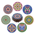 8-piece diamond painting coaster set with colorful patterns and black metal holder - MBD-04 With Holder
