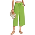 Detailed view of women's linen wide-leg pants featuring an elastic waist and drawstring cord - S / Grass Green