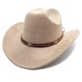 Detail of beige suede cowboy hat featuring star studs and brown decorative band - M (56-58cm) / Camel