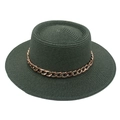 Detail of dark green straw boater hat featuring a stylish rose gold metal chain band - One Size / Dark Green (with Acrylic Chain Decor)