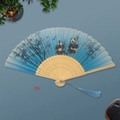 Blue and white gradient bamboo folding fan with ink panda and bamboo forest design - White Ribs Style 79