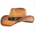 Chapeau de cowboy en paille dégradé marron avec bandeau cuir et emblème taureau - M(56-58cm) / 02 Kaki Café