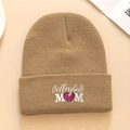 Khaki knit beanie featuring Volleyball Mom embroidery with a pink heart shaped volleyball - One Size / Camel