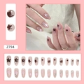 Oval press-on nails with brown and pink stars, rhinestones, and almond shape design - Z794 Double Star
