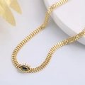 Gold evil eye necklace with dark blue marquise stone on woven stainless steel chain - Black Eyed Duck Necklace / x892 / Black