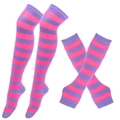 Pink and purple striped knit thigh high socks and matching arm warmers set - One Size / Rose Red Purple Stripe