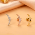 Detailed view of moon-shaped ear studs in silver, rose gold, and gold with zircon stones - Style 2 / Silver