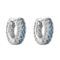 Detailed macro view of silver hoop earrings featuring blue and white micro-pave crystals - Platinum Blue Zirconia