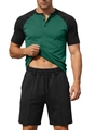 Completo uomo t-shirt henley raglan verde nero e pantaloncini in maglia a nido d'ape - S / Verde Militare