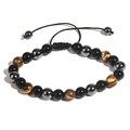 Détail d'un bracelet de perles ajustable avec œil de tigre et pierres style obsidienne - 8mm Œil de Tigre Tressé