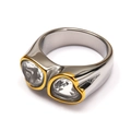 Detail of a wide stainless steel band featuring double heart-shaped cubic zirconia stones - Silver/Gold Edged (Clear Heart)