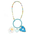 Detailed view of beaded keychain with evil eye, cloud, and heart pendants on white background - Colorful Bead Blue Ring Cloud Style (BE1644BU02)