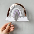 Acrylic rainbow cake topper with rose gold mirror and glitter clouds for birthday party decor - Glitter Silver Rainbow