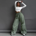 Pantalones cargo vintage de talle alto para mujer con top corto blanco con cremallera - S / Verde