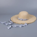 Detail of raffia sun hat with blue checkered ribbons and frayed edge brim detail - M(56-58cm) / Blue