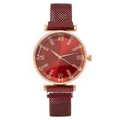 Red dial women's quartz watch with rose gold case and magnetic mesh strap band - Red