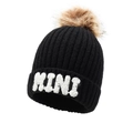 Black knit beanie with a brown faux fur pom pom featuring a white plush MINI patch - Pom Pom MINI Style / Black