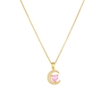 Golden necklace with a pink heart zircon inside a crescent moon pendant on a thin chain - Moon Pink Heart A342