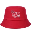 Red cotton bucket hat with white Boy Mom embroidery and heart on white background - Adjustable / Rose Red