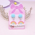 Cute kids clip-on earrings featuring blue glitter balls and rainbow cloud charms - Blue Rainbow