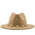 Elegante cappello jazz in lana kaki da donna con perle e accenti di perline metalliche - M(56-58cm) / Cammello