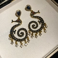 Golden seahorse drop earrings with blue crystals and dangling zircon accents - Blue Seahorse Tassel Style (47# Silver Earring Post - Gold - Blue)