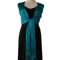 Sparkling teal metallic shawl with long fringe tassels for elegant evening party wear - Teal
