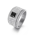 Mens silver stainless steel ring with square black gemstone and pavé set white zircon - Steel + Black Stone