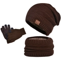 Three-piece winter knit set in dark coffee including a warm beanie, scarf and gloves - 3-Piece Set (Hat+Scarf+Gloves) / Coffee