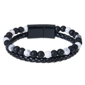 Detail of men's leather cord bracelet with tiger eye beads and black magnetic clasp - Matte Black and White Turquoise (Style-5)
