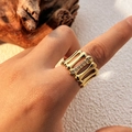 Anello aperto placcato oro 18K con design a coste e sei zirconi trasparenti - Scheletro Cavo Con Zircone / Oro