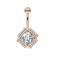 Rose gold stainless steel belly ring with large round white zircon and square halo accents - Rose Gold White Zirconia