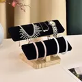 Double tier wooden jewelry stand with black velvet rollers for watches and bracelets - 2-Tier Solid Wood Bracelet Stand-Black Velvet