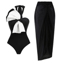 Elegant black and white one-piece swimsuit with large bow and matching sarong - S / 2-Piece Set (Swimsuit + Sarong)