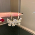 Golden butterfly drop earrings with shimmering pavé cubic zirconia on U-shaped hoops - Gold Butterfly (Silver Pin)