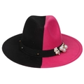 Detail of felt jazz hat with bicolor black and fuchsia design and pearl embellishments - Black Rose Red With Pearls
