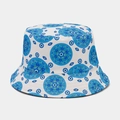 Detail of blue evil eye and mandala patterns on a white cotton bucket sun hat - Beige
