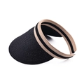 Detailed close-up of woven straw sun visor texture and striped fabric headband - Black